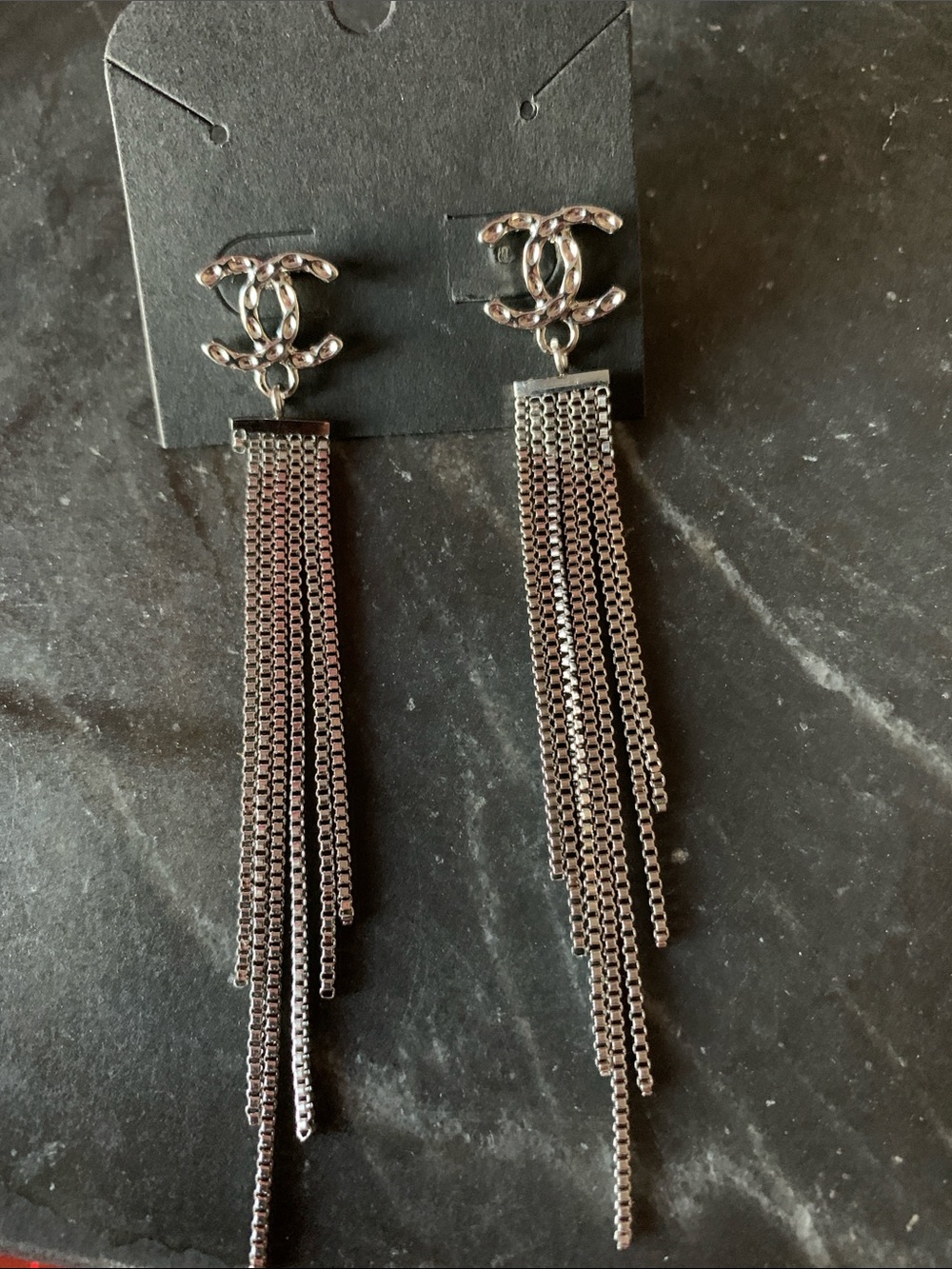 NEW! Silver CC Logo Tassel Drop Earrings